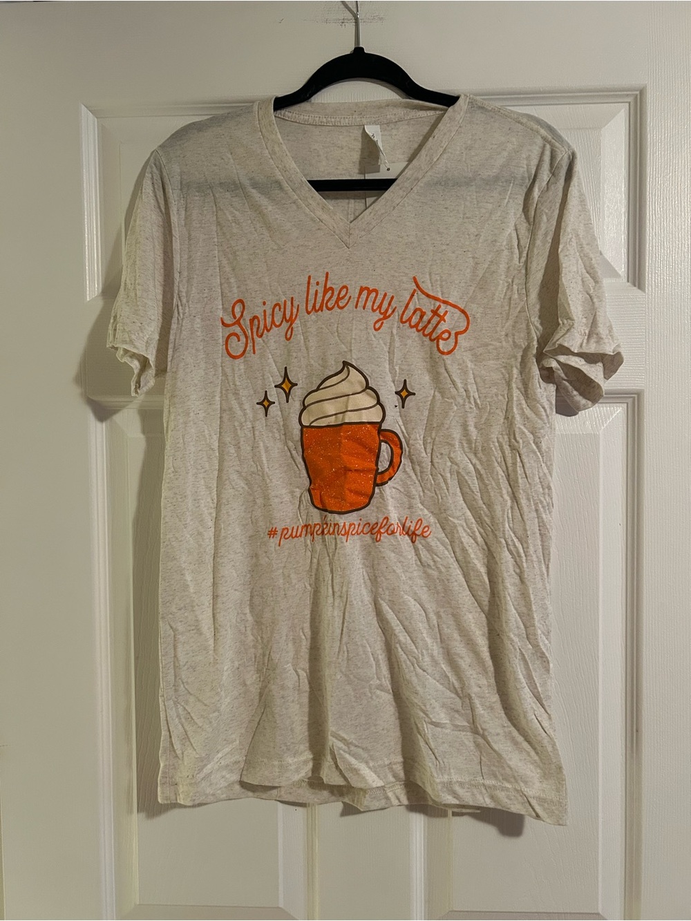 Bella Canvas Cream V-Neck Tee with Orange Pumpkin Latte Graphic